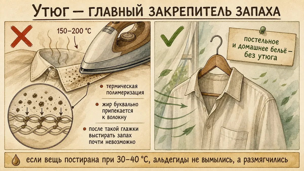 Горячий утюг проходит по воротнику, а в разрезе волокна остатки кожного сала сплавляются с полимерными цепочками ткани