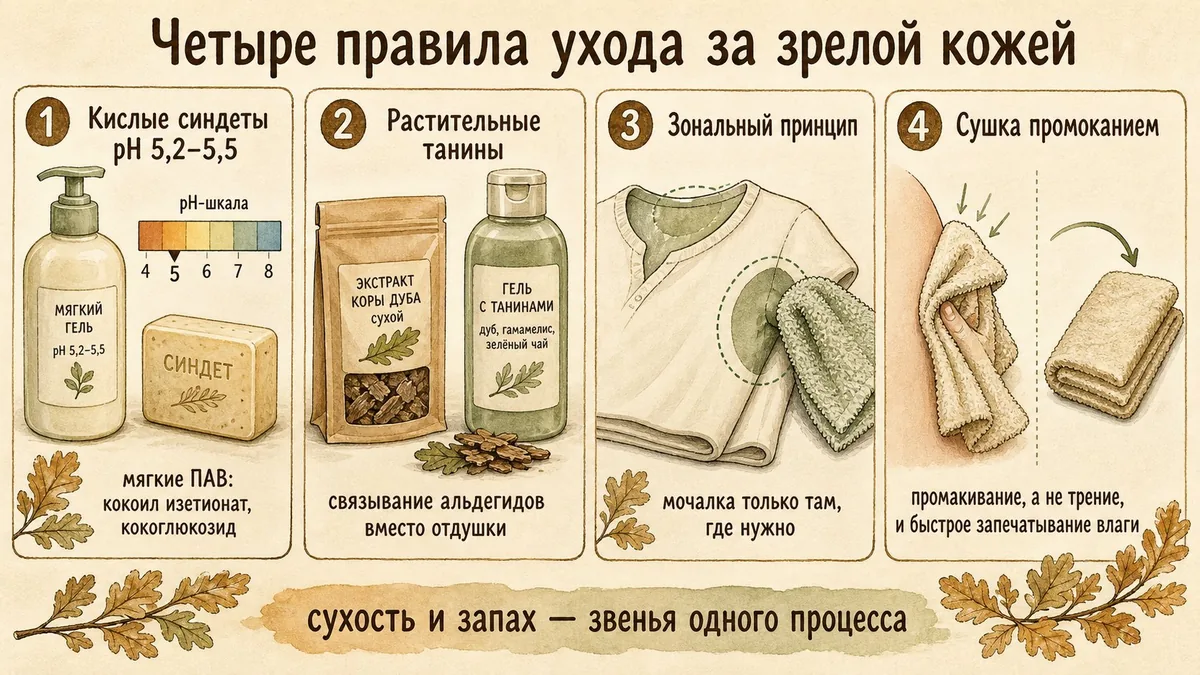 Четыре панели: мягкий гель и синдет со шкалой pH в кислой зоне; пакетик сухого экстракта дубовой коры и гель с танинами; мочалка касается только воротника и подмышек; полотенце промакивает, а не трёт кожу
