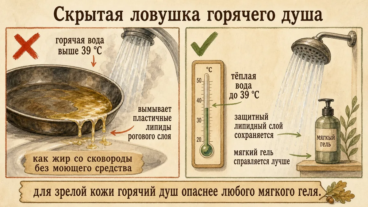 Слева жир на сковороде смывается одной горячей водой без моющего средства под крестом, справа термометр с умеренной температурой и душ с мягкой струёй под галочкой