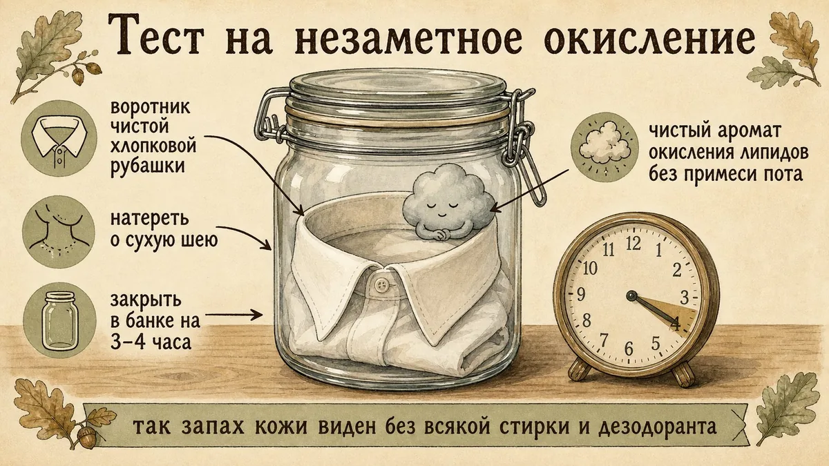 Закрытая стеклянная банка с сложенным воротником хлопковой рубашки внутри, рядом часы на 3–4 часа, внутри банки сидит облачко