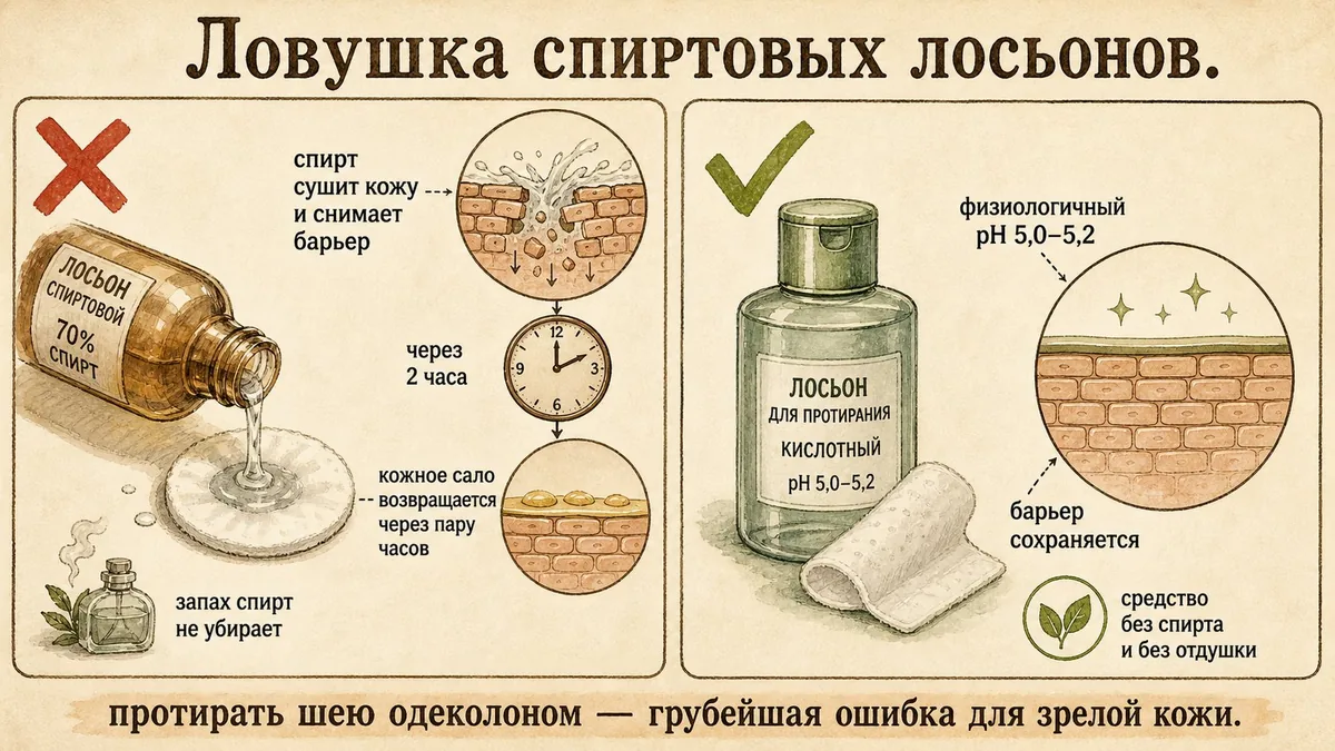 Слева спиртовой лосьон снимает защитный барьер и часы показывают возвращение кожного сала через два часа под крестом, справа кислый лосьон с целым барьером под галочкой