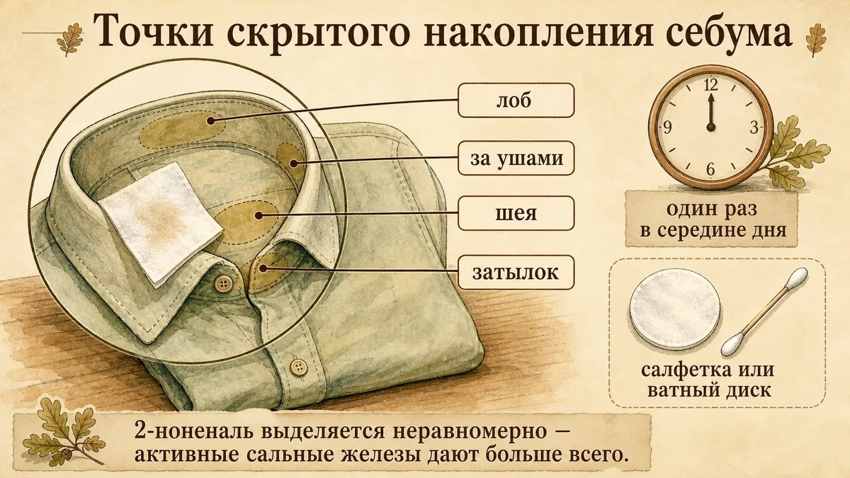 Сложенная рубашка с увеличенной зоной воротника, мягкая салфетка прижата к воротнику, четыре указателя помечены лоб, за ушами, шея, затылок, рядом часы на середину дня