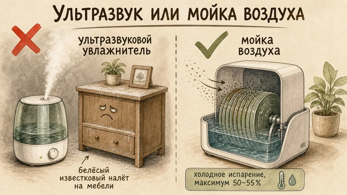 Слева ультразвуковой увлажнитель даёт белёсый налёт на комоде, справа мойка воздуха с вращающимися дисками испаряет воду без осадка