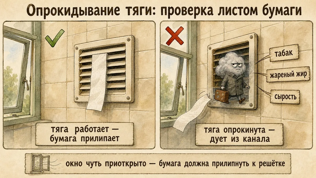 Слева полоска туалетной бумаги прилипла к решётке вытяжки, справа бумага падает в комнату, а из решётки выходит облачко в пальтишке с чемоданом и подписями табак, жареный жир, сырость