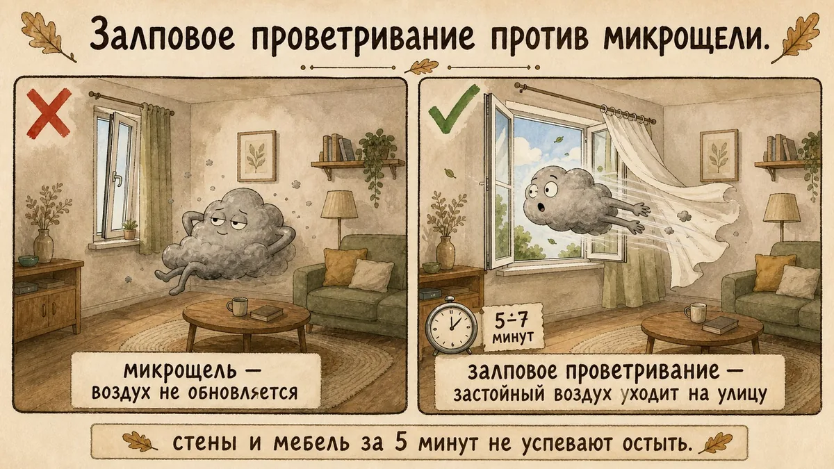Слева окно на узкой щели с ленивым облачком в комнате, справа распахнутое окно, из которого облачко выдувает на улицу, часы на 5–7 минут