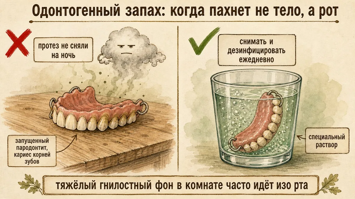 Слева зубной протез лежит незакрытый на столе с облачком над ним под крестом, справа тот же протез стоит в стакане с раствором под галочкой