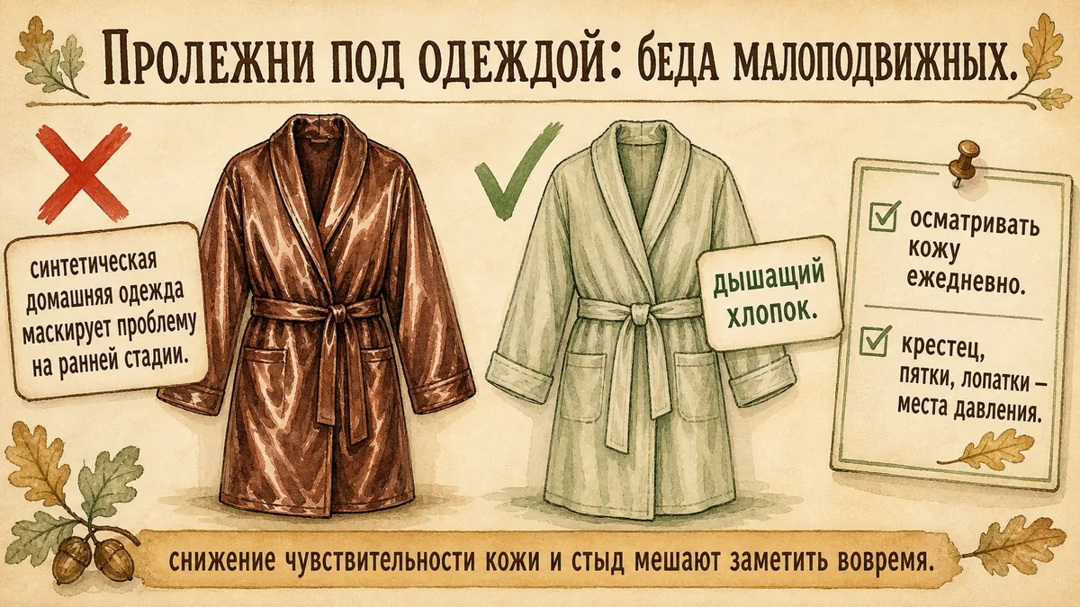 Слева блестящий синтетический домашний халат под крестом, справа мягкий дышащий хлопковый халат под галочкой и карточка с ежедневным осмотром кожи
