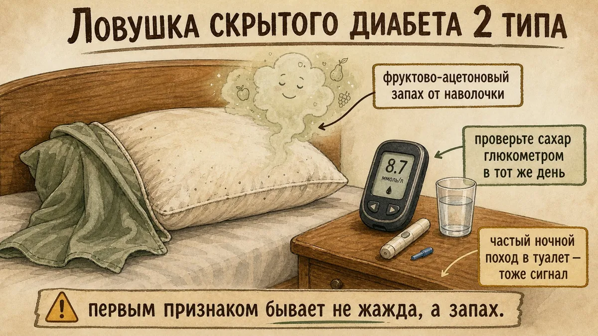 Подушка без наволочки с лёгким фруктово-ацетоновым дымком в виде облачка и портативный глюкометр с результатом на экране